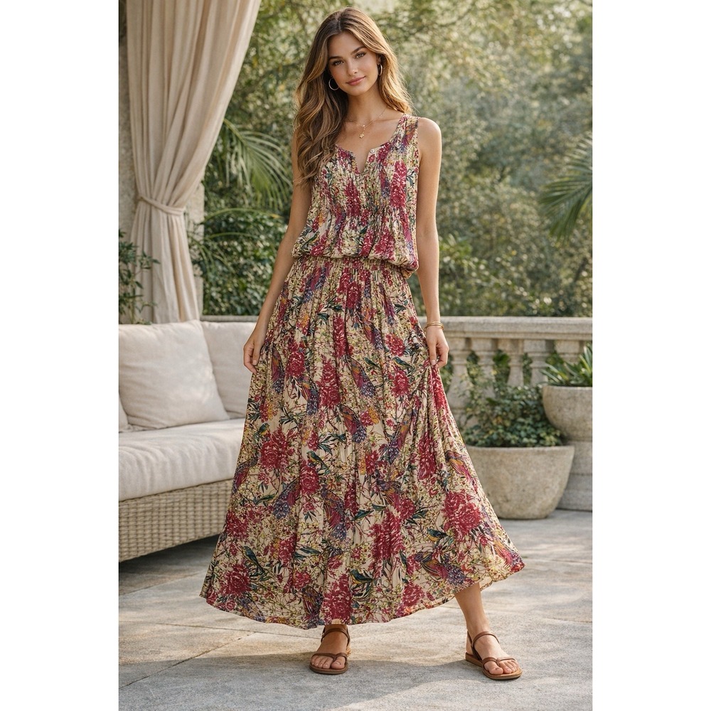 Raga Floral Birds Print Set Maxi Skirt & Top Sz. M Boho Casual Feminine Resort